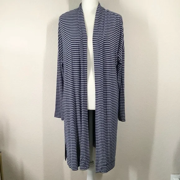SOMA Cool Nights Robe S Longline Open Front Nautical Stripe Pockets Loungewear - Picture 1 of 8